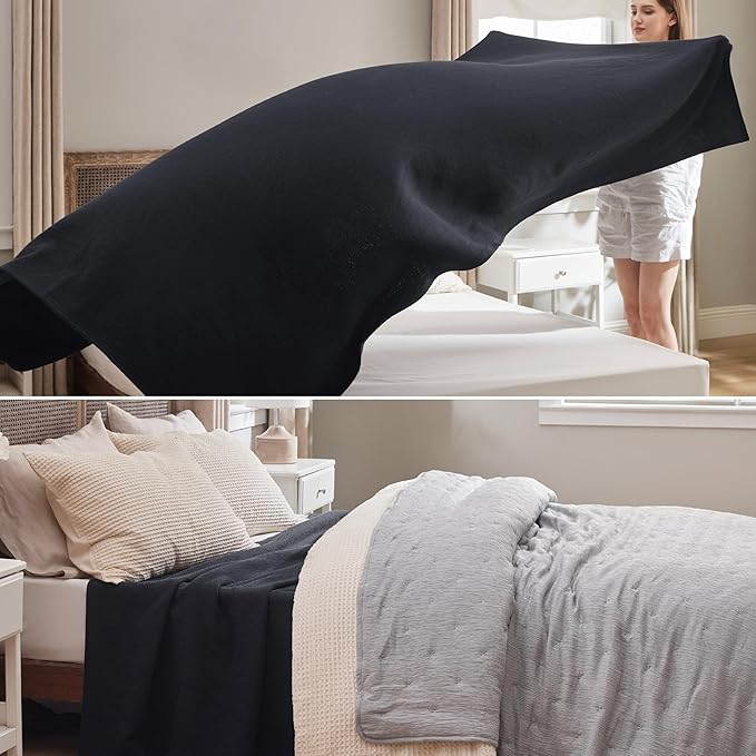Bedsure 100% Cotton Blanket King Size for Bed - Breathable and Lightweight, Soft Cozy Textured Herringbone Woven Blanket for Summer Spring, Black, 108x90 inches