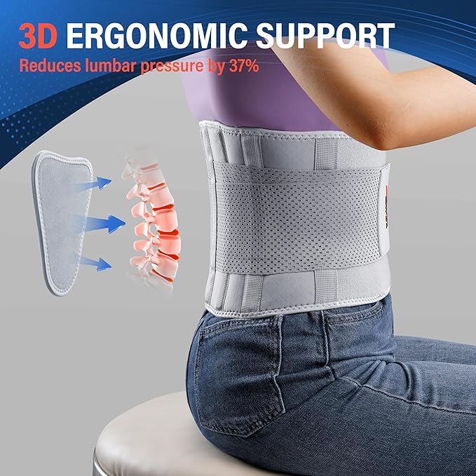 FEATOL Back Brace for Lower Back Pain Women, Breathable Back Support Belt for Women & Men with Lumbar Pad, Lumbar Support Belt for Heavy Lifting & Work, Scoliosis, Grey, S/M (Circumference:24.4-30")