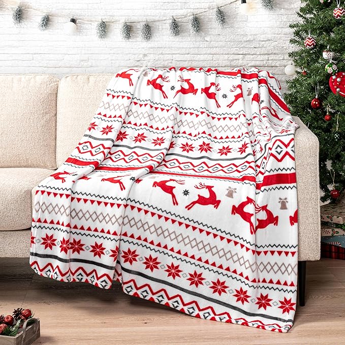 PAVILIA Christmas Throw Blanket | Holiday Christmas Reindeer Snowflakes Fleece Blanket | Soft, Plush, Warm Winter Cabin Throw, 50x60 (White Reindeer)