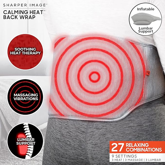 Calming Heat Back Wrap by Sharper Image- Electric Back Heating Pad with Customizable Inflatable Lumbar Support, Soothing Heat, & Massaging Vibrations- 9 Settings 3 Heat, 3 Vibration, 3 Lumbar