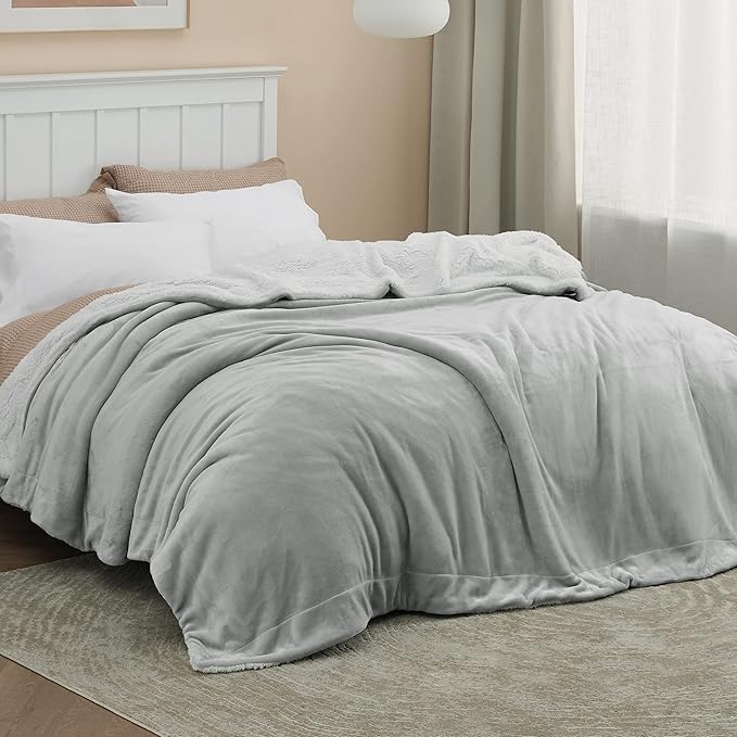 Bedsure Sherpa Fleece Blankets Queen Size for Bed - Thick and Warm, Soft Fuzzy Plush Queen Blanket for Winter, Light Grey, 90x90 Inches