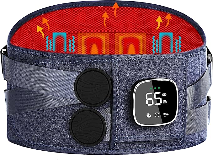 FSA HSA Eligible, Cordless Heating Pad with Massager for Back Pain Relief, 47-60" Lower Back Wearable Heating Pad for Cramps with 3 Heat&Timer, 5 Vibration Back Lumbar Support Belt for Men Women
