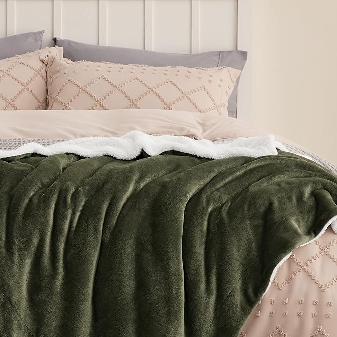 Bedsure Sherpa Fleece Throw Blanket for Couch - Thick and Warm, Soft Fuzzy Plush Throw Blanket for Winter, Olive Green, 50x60 Inches
