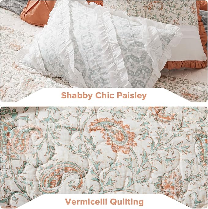 Madison Park 100% Cotton Quilt Set Floral Print, Double Sided Stitching, All Season, Lightweight Coverlet Shabby Chic Bedding Layer, Matching Shams, Full/Queen, Coral 6 Piece