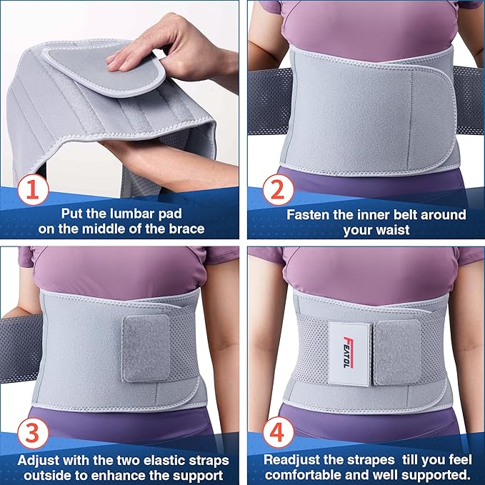 FEATOL Back Brace for Lower Back Pain Women, Breathable Back Support Belt for Women & Men with Lumbar Pad, Lumbar Support Belt for Heavy Lifting & Work, Scoliosis, Grey, S/M (Circumference:24.4-30")