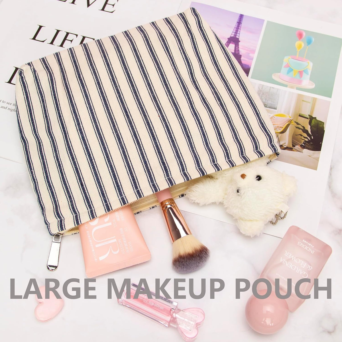 PAZIMIIK Makeup Bag Large Cotton Zipper Pouch for Purse Travel Canvas Make Up Organizer for Women Cosmetic,Vintage Stripe Navy Blue