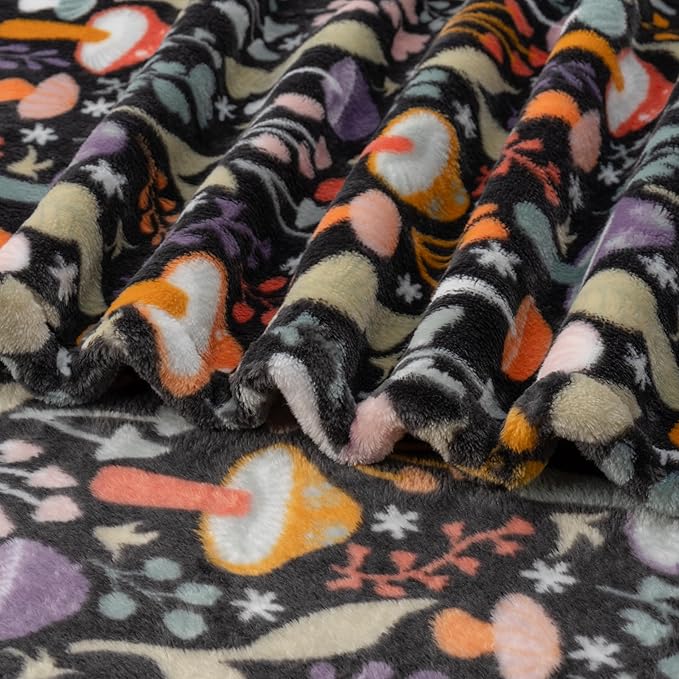 Berkshire Blanket-Classic Heavyweight Soft Printed VelvetLoft® Plush Warm Blanket, Twin Size Soft Fuzzy Blanket for Couch Sofa Bed, Mushroom Cutie Charcoal, 60in x 90in