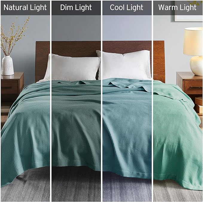 Madison Park Soft Certified 100% Egyptian Cotton Breathable Cozy Blanket, Premium Waffle Knit Classic Design, Luxury All Season Lightweight Cover for Bed, Couch and Sofa, Teal Full/Queen(90"x90")