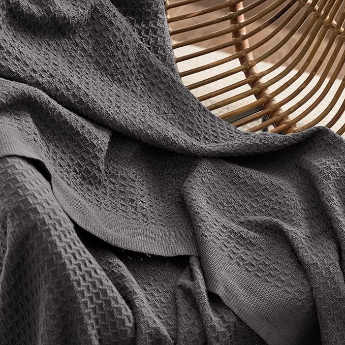 Bedsure 100% Cotton Blanket Queen Size for Bed - Breathable and Soft, Waffle Weave Blanket for Summer Spring, Dark Grey, 90x90 Inches