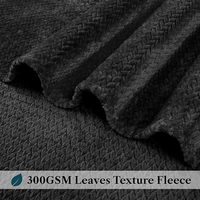 PAVILIA Soft Fleece Solid Black Throw Blanket for Couch, Lightweight Plush Warm Blankets for Bed, Fuzzy Cozy Flannel Blanket Throw for Sofa, Travel, Jacquard Pattern, Black, 50x60 inch