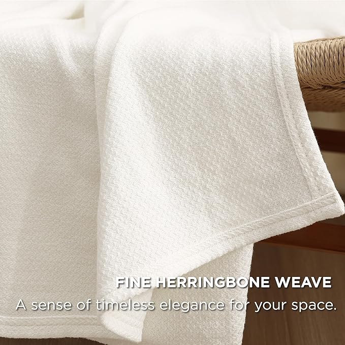 Bedsure 100% Cotton Blanket Queen Size for Bed - Breathable and Lightweight, Soft Cozy Textured Herringbone Woven Blanket for Summer Spring, Ivory, 90x90 inches