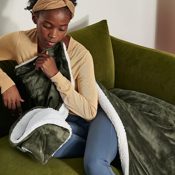 Bedsure Sherpa Fleece Blankets King Size for Bed - Thick and Warm, Soft Fuzzy Plush King Blanket for Winter, Olive Green, 108x90 Inches