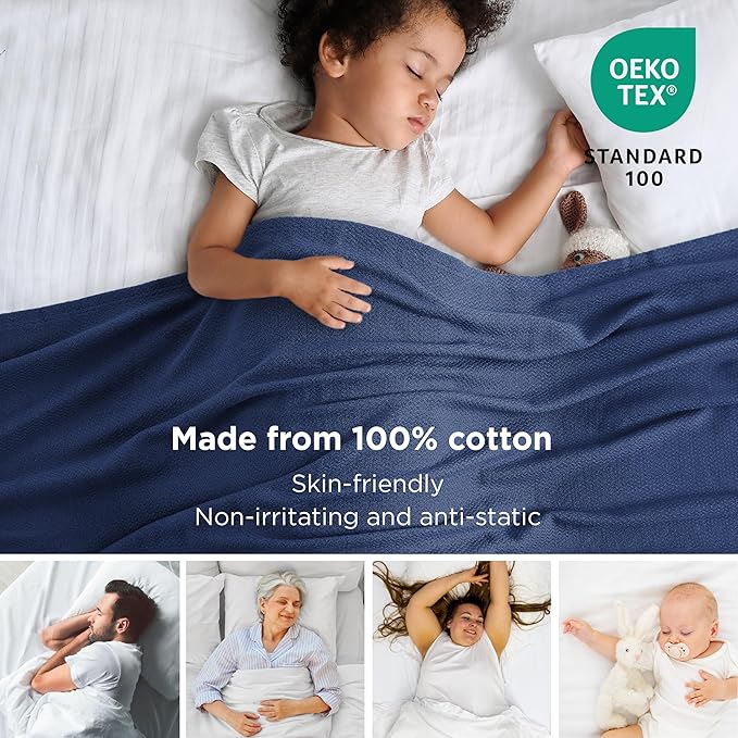 Bedsure 100% Cotton Large Throw Blanket for Couch 50x70 inches - Breathable and Lightweight, Soft Cozy Herringbone Woven Blanket for Summer Spring, Navy Blue