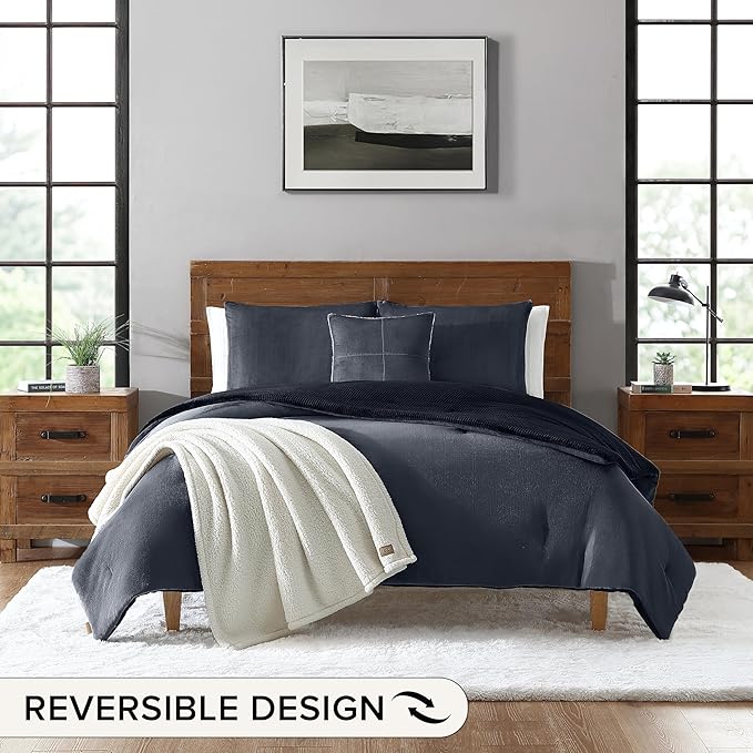 UGG Remina Comforter Set 5 Piece Bed in a Bag with Throw Blanket, Decorative Pillow, Shams, and Reversible Comforter Hypoallergenic Washable Luxury Warm Fluffy Bedding Set, Full/Queen, Navy Blue