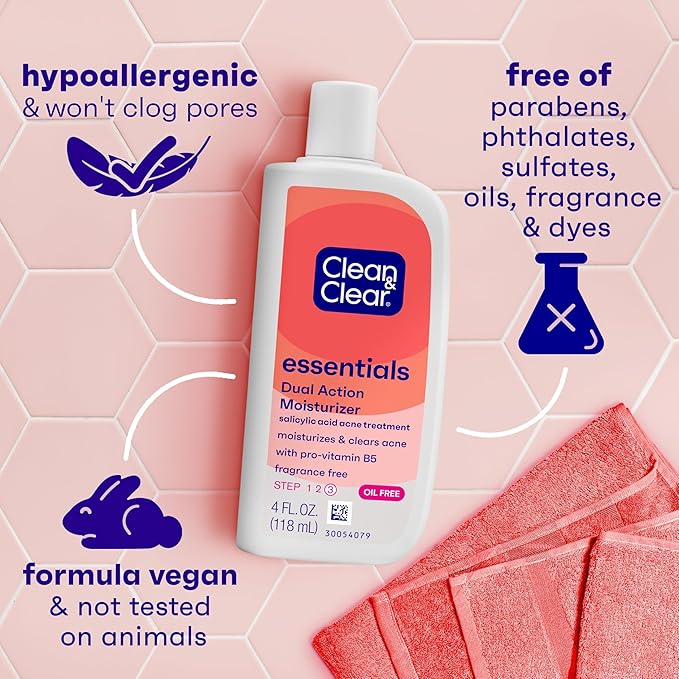 Clean & Clear Essentials Dual Action Oil-Free Facial Moisturizer, Salicylic Acid Acne Treatment with Pro-Vitamin B5 Moisturizes While Treating Acne & Helping to Prevent Pimples, 4 fl. oz, 3 Pack