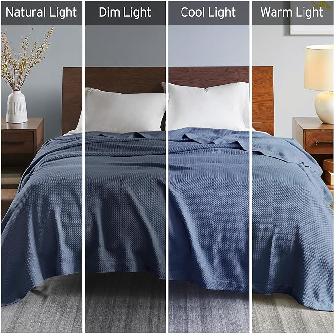 Madison Park Soft Certified 100% Egyptian Cotton Breathable Cozy Blanket, Premium Waffle Knit Classic Design, Luxury All Season Lightweight Cover for Bed, Couch and Sofa, Blue King(108"x90")