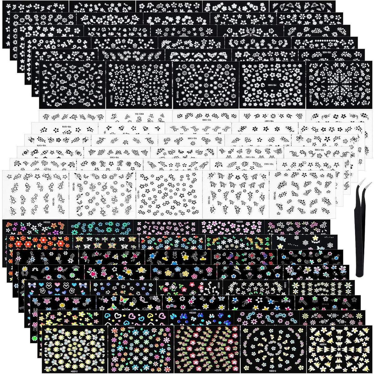 Blulu 5000 Pcs Flower Nail Stickers 100 Sheets 3D Self Adhesive Nail Stickers Multi Design Decals Multicolor Flower Manicure Decals with Tweezer(Classic-Chic Floral Series)