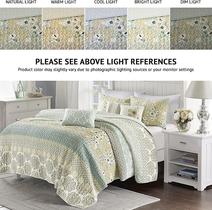 Madison Park 100% Cotton Quilt Set Floral Print, Double Sided Stitching, All Season, Lightweight Coverlet Shabby Chic Bedding Layer, Matching Shams, Full/Queen(90"x90"), Green Yellow 6 Piece