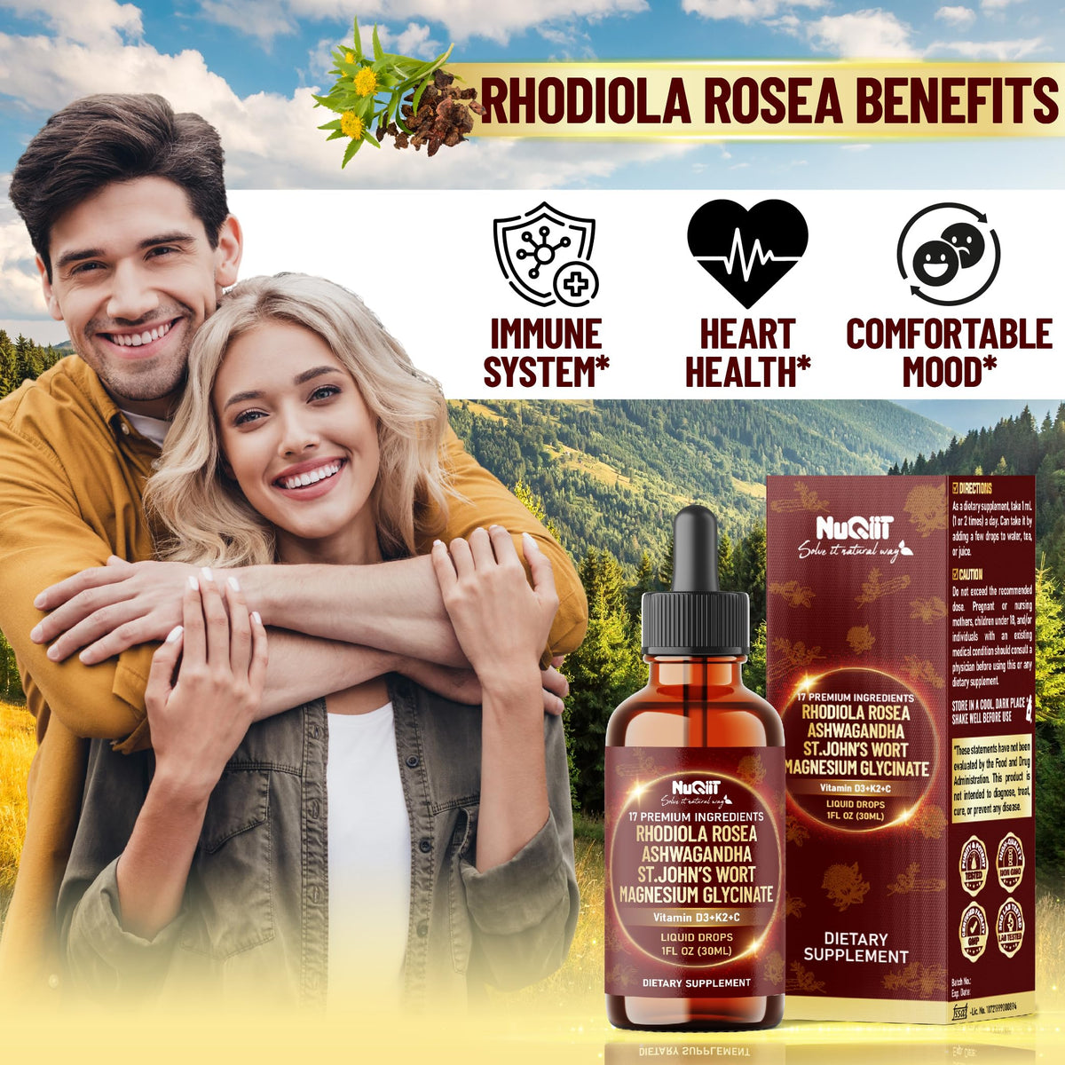 NUQIIT 17in1 Rhodiola Rosea Liquid Drops Tincture w/Ashwagandha Magnesium, L-Theanine. Ultra Rhodiola Cortisol Supplement, Rhodiola Root for Mood, Energy - 1 FL Oz - 60 Day Supply