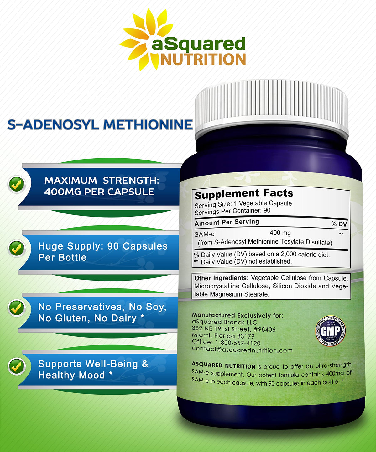 aSquared Nutrition SAM-e 400mg Supplement - 90 Capsules - Same (S-Adenosyl Methionine) to Support Mood, Joint Health, and Brain Function - Extra Strength Vegan SAM e Pills