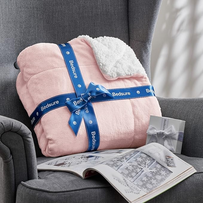 Bedsure Sherpa Fleece Blankets Queen Size for Bed - Thick and Warm, Soft Fuzzy Plush Queen Blanket for Winter, Pink, 90x90 Inches