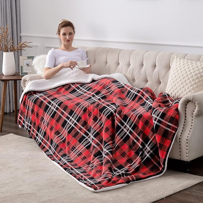 SOCHOW Sherpa Plaid Fleece Throw Blanket, Double-Sided Super Soft Luxurious Bedding Blanket 50 x 60 inches, Red/Grey