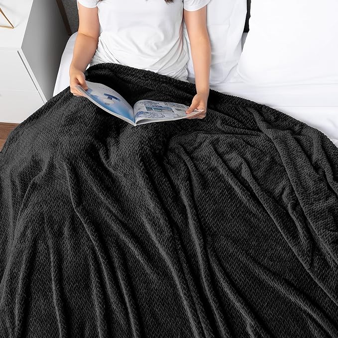 PAVILIA Soft Fleece Solid Black Throw Blanket for Couch, Lightweight Plush Warm Blankets for Bed, Fuzzy Cozy Flannel Blanket Throw for Sofa, Travel, Jacquard Pattern, Black, 50x60 inch