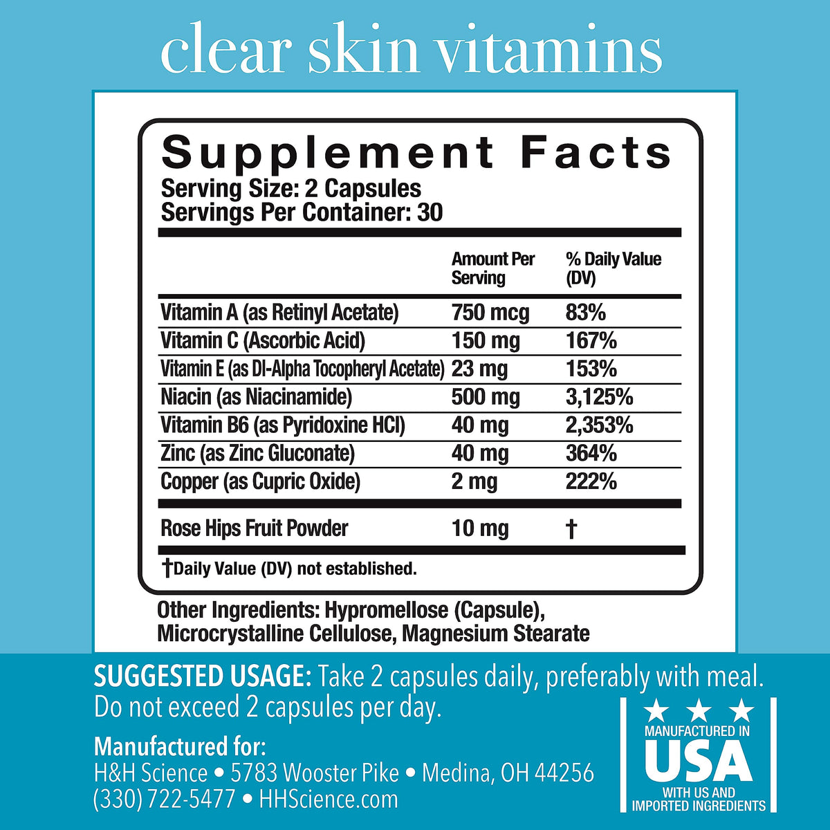 Clear Skin Vitamins for Women & Men - Supplement for Healthy Glowing Skin and Acne Control* - Patented and Dermatologist Developed Hormonal & Cystic Acne Pills