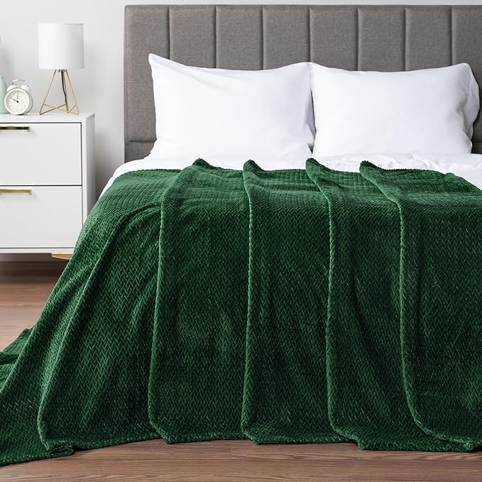PAVILIA Soft Fleece Forest Green Throw Blanket for Couch, Lightweight Plush Warm Blankets for Bed, Fuzzy Cozy Flannel Blanket Throw for Sofa, Travel, Jacquard Pattern, Emerald Green, Twin, 60x80 inch