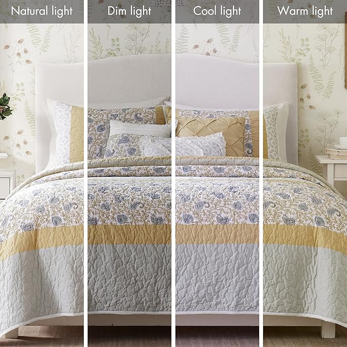 Madison Park 100% Cotton Quilt Set Floral Print, Double Sided Stitching, All Season, Lightweight Coverlet Shabby Chic Bedding Layer, Matching Shams, King/Cal King, Yellow 6 Piece