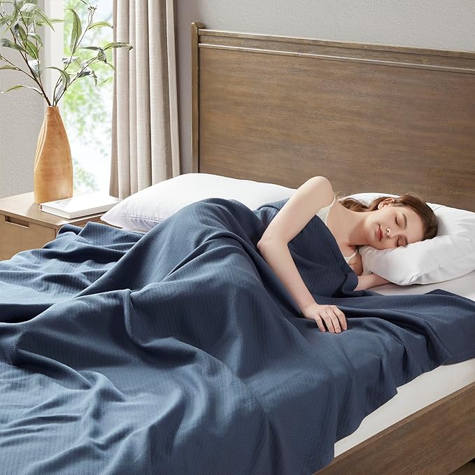 Madison Park Liquid Cotton Blanket Breathable, Softer Ring Spun Weave, Diamond Motif, Luxurious 100% Cotton All Seasons Lightweight Summer Blanket for Bed, Couch, Office, Navy, Full/Queen