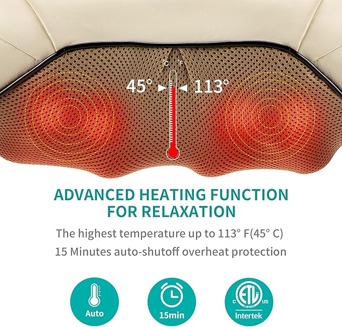Nekteck Shiatsu Neck and Back Massager with Soothing Heat, Electric Deep Tissue 3D Kneading Massage Pillow for Shoulder, Leg, Full Body Muscle Pain Relief, Car, Office and Home Use