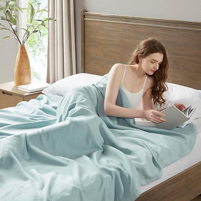 Madison Park Liquid Cotton Luxury Blanket Premium Soft Cozy 100% Ring Spun Cotton For Bed , Couch or Sofa, King, Light Blue