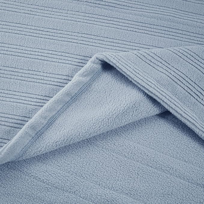 Serta Travis Fleece Ultra Soft Tri-Rib Textured Electric Blanket, Cozy and Snuggly Cover Fast Heating for Cold Weather, Auto Shut Off, Multi Heat Setting Controller, Queen, Dusty Blue