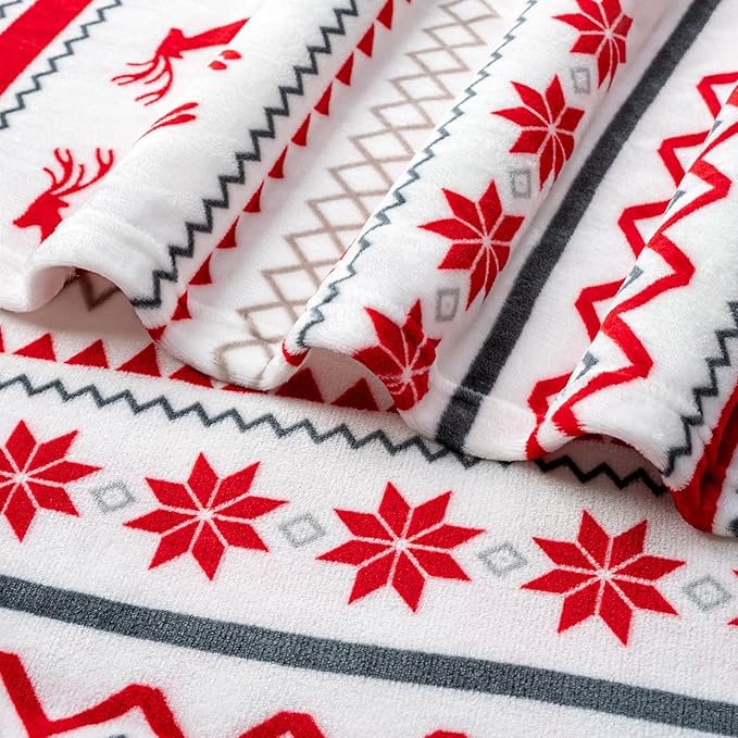 PAVILIA Christmas Throw Blanket | Holiday Christmas Reindeer Snowflakes Fleece Blanket | Soft, Plush, Warm Winter Cabin Throw, 50x60 (White Reindeer)