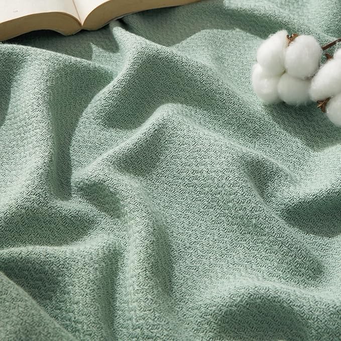 Bedsure 100% Cotton Blanket Twin XL Size for Bed - Breathable and Lightweight, Soft Cozy Textured Herringbone Woven Blanket for Summer Spring, Sage Green, 66x90 inches