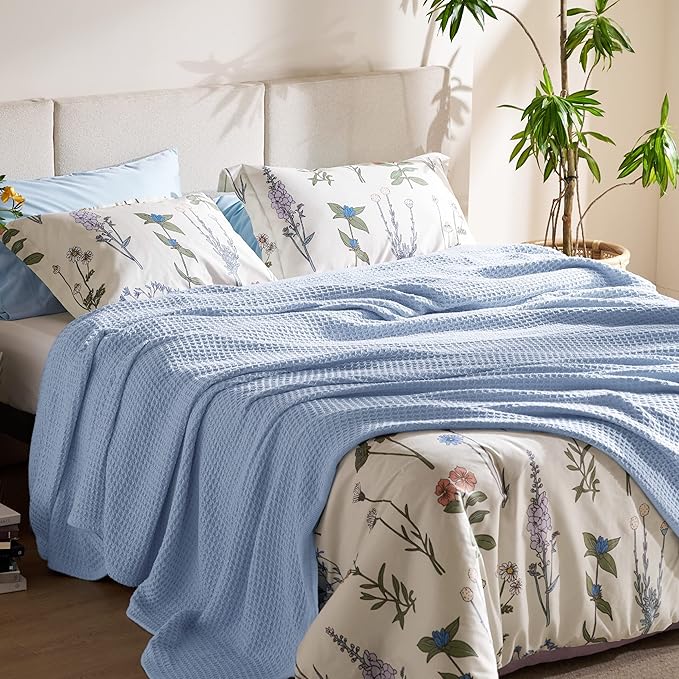 Bedsure 100% Cotton Blanket King Size for Bed - Breathable and Soft, Waffle Weave Blanket for Summer Spring, Sky Blue, 104x90 inches