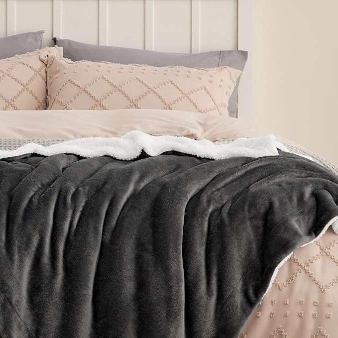 Bedsure Sherpa Fleece Blankets Queen Size for Bed - Thick and Warm, Soft Fuzzy Plush Queen Blanket for Winter, Charcoal, 90x90 Inches