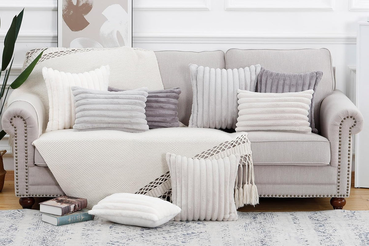 MADIZZ Set of 2 Faux Wool Plush Decorative Throw Pillow Covers 22x22 Inch Light Grey Fluffy Striped Soft Decorative Cushion Cover for Sofa Bedroom Pillow Shell