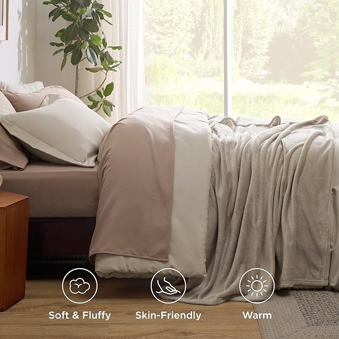 Bedsure Twin Comforter Set Beige, 6 Pieces Prewashed Twin Size Bed in a Bag with Soft Fleece Bed Blanket, Down Alternative Bedding Set for All Seasons, Sheets, Pillowcase & Sham