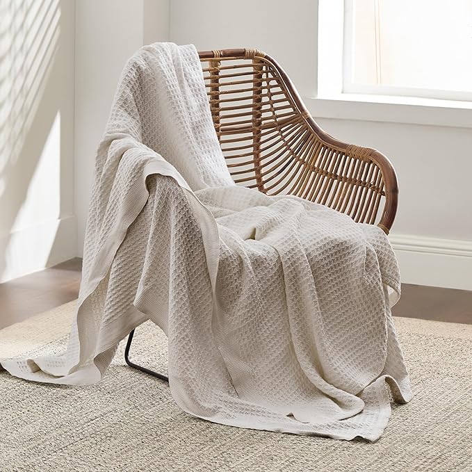 Bedsure 100% Cotton Large Throw Blanket for Couch 50x70 inches - Breathable and Soft, Waffle Weave Throw Blanket for Office, Light Beige