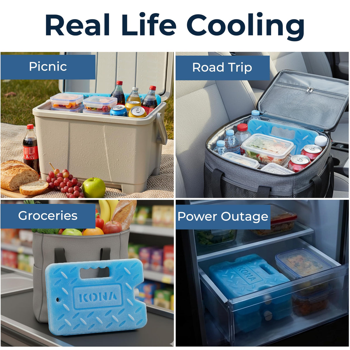 Kona Blue Ice Large Ice Packs for Coolers - Long Lasting Design - Refreezable Reusable Cooler Ice Pack (4)