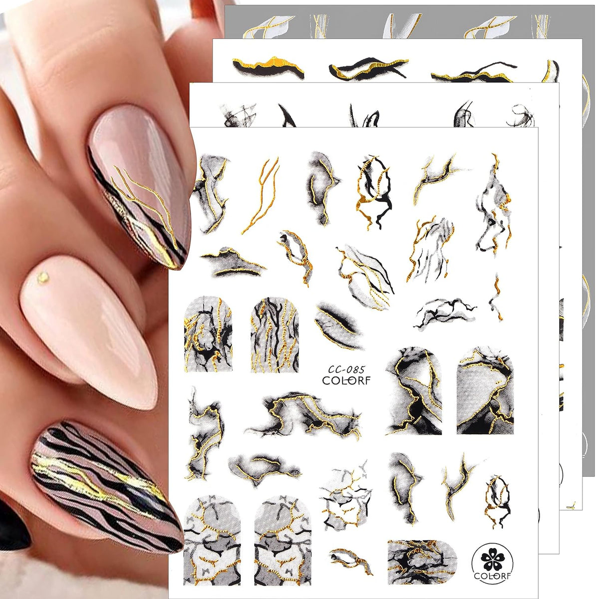 TOROKOM 12 Sheets Nail Art Stickers Decals,Self-Adhesive Black White Gold Stripe Line Nail Decals Marble Wave Nail Sticker Supplies for 3D Nail Design Nail Accessories for Women French Nail Decoration