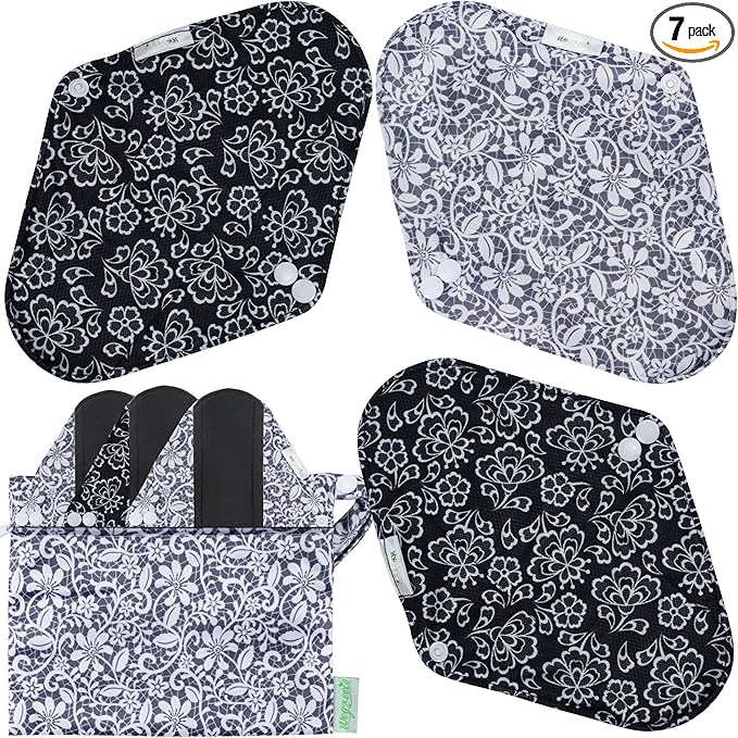 wegreeco Reusable Menstrual Pads - Reusable Sanitary Pads | Reusable Panty Liners | Soft Cloth Menstrual Pads - 6 Pack with 1 Cloth Wet Bag (Black, Grey Lace, X-Large)
