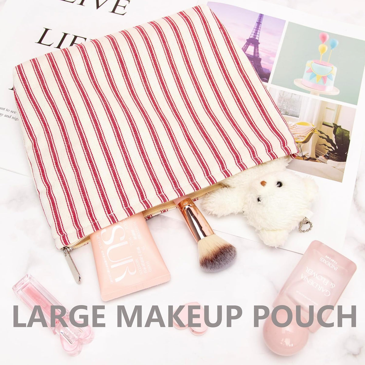 PAZIMIIK Makeup Bag Large Cotton Zipper Pouch for Purse Travel Canvas Make Up Organizer for Women Cosmetic,Vintage Stripe Red