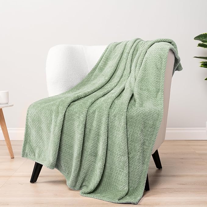 PAVILIA Soft Fleece Light Green Throw Blanket for Couch, Lightweight Plush Warm Blankets for Bed, Fuzzy Cozy Flannel Blanket Throw for Sofa, Travel, Jacquard Pattern, Sage Green, Twin, 60x80 inch