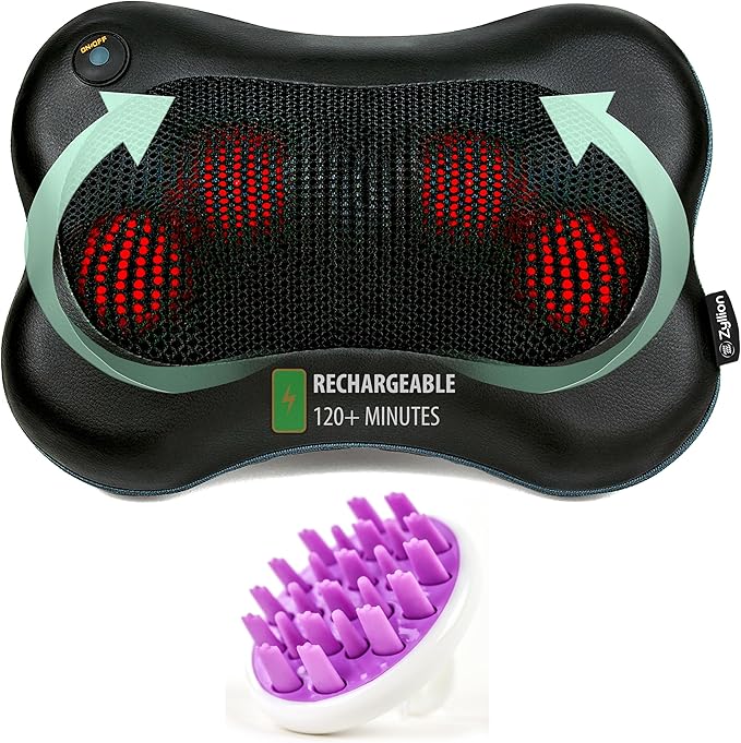 Zyllion Shiatsu Rechargeable Back Massager (Black) and Hair Brush Scalp Massager (Purple) Bundle