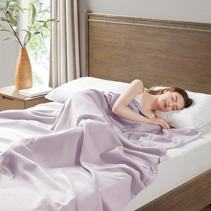 Madison Park Liquid Cotton Blanket Breathable, Softer Ring Spun Weave, Diamond Motif, Luxurious 100% Cotton All Seasons Lightweight Summer Blanket for Bed, Couch, Office, Lilac, King