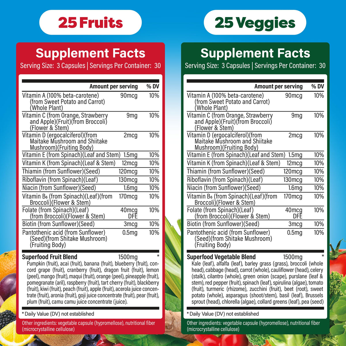 Dole Daily Fruits and Veggies Supplement - Whole Food Plant-Based Nutrition with 25 Fruits + 25 Vegetables, 12 Essential Vitamins & Minerals, Antioxidant Superfoods, 180 Capsules (2 Pack)