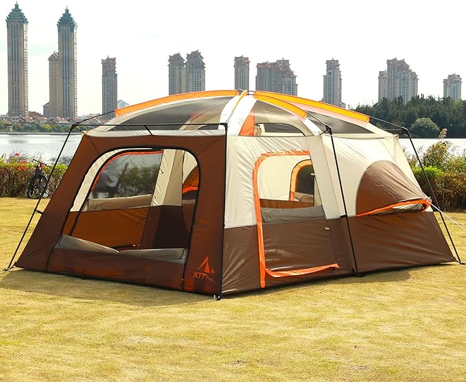 KTT Extra Large Tent 12 Person,2 Bay-Windows,Family Cabin Tents,14'Lx10'Wx6.58'H,2 Rooms and 3 Doors 3 Windows with Mesh,Waterproof,Straight Wall,Big Tent for Outdoor,Picnic,Camping,Gathering